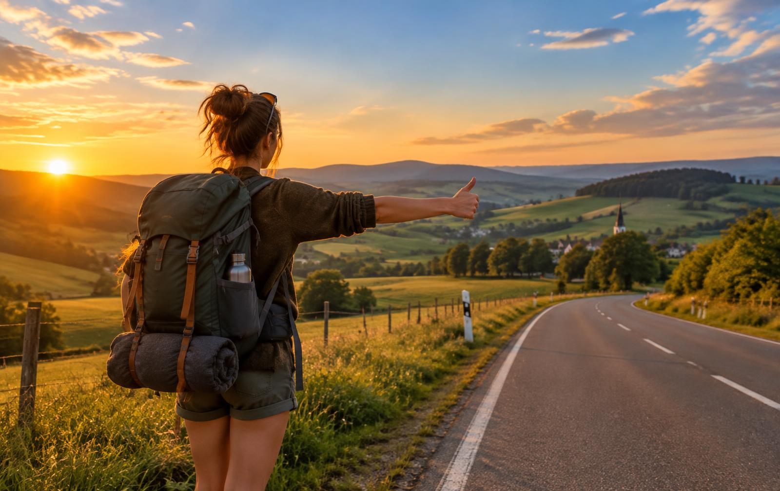 Trampende Person mit Rucksack an einer Landstraße bei Sonnenuntergang